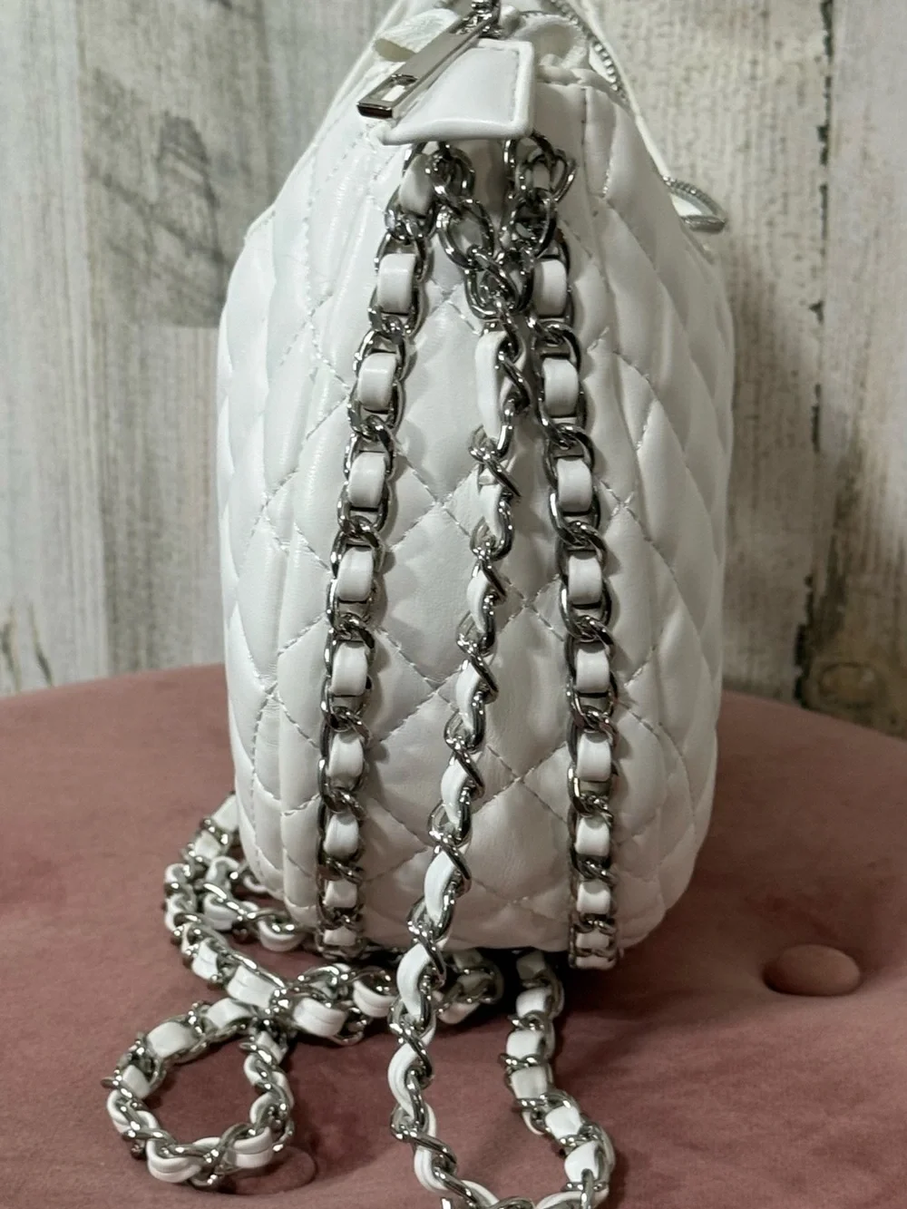 White Quilted Crossbody Bag with Chain Strap and Beaded 'LOVE' Accent